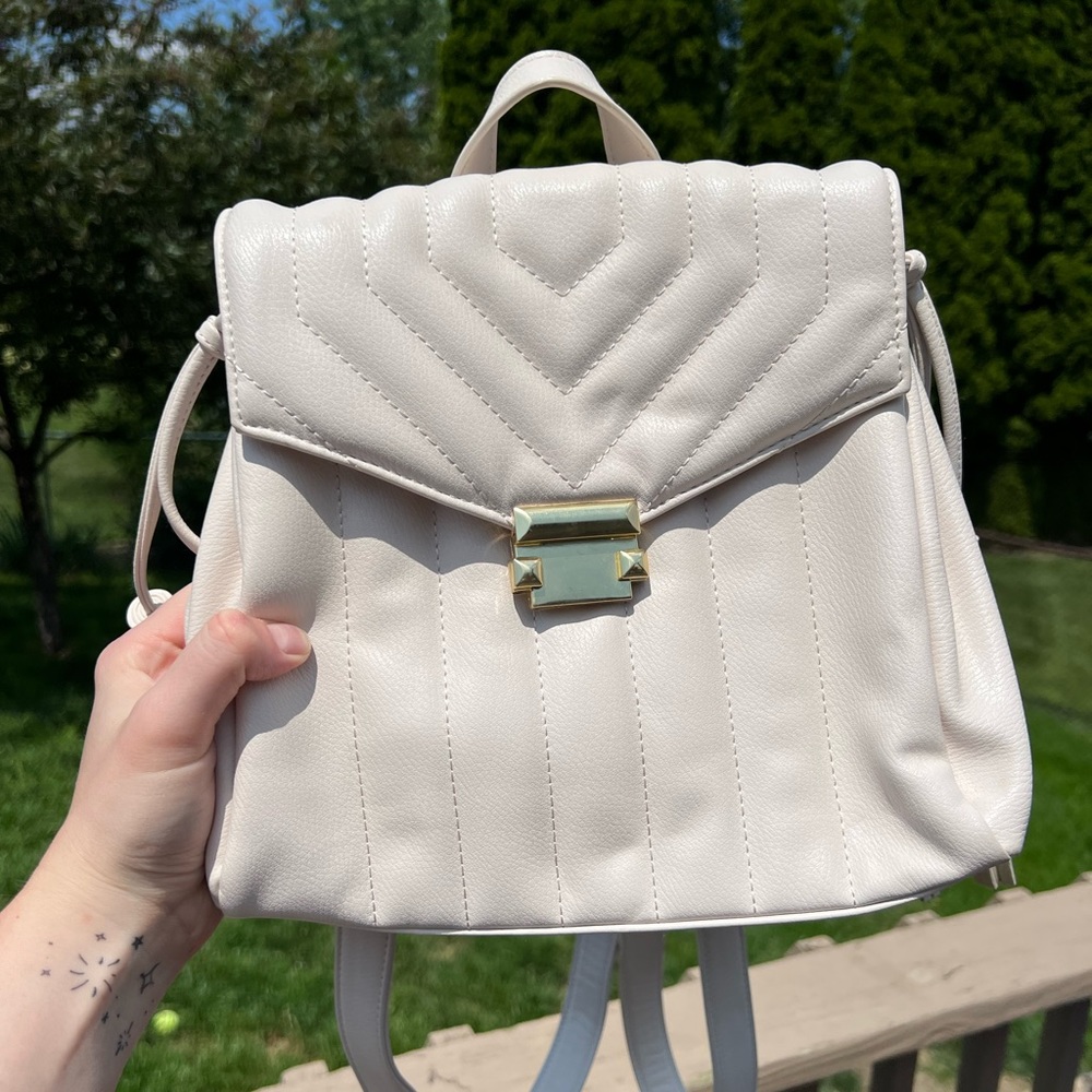 White Cream Backpack Gold Detailing Fringe Charming Charlie Handbag Bag